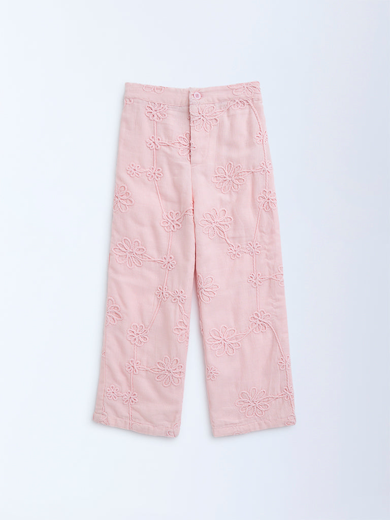 HOP Kids Pink Floral Embroidered High-Rise Cotton Trousers