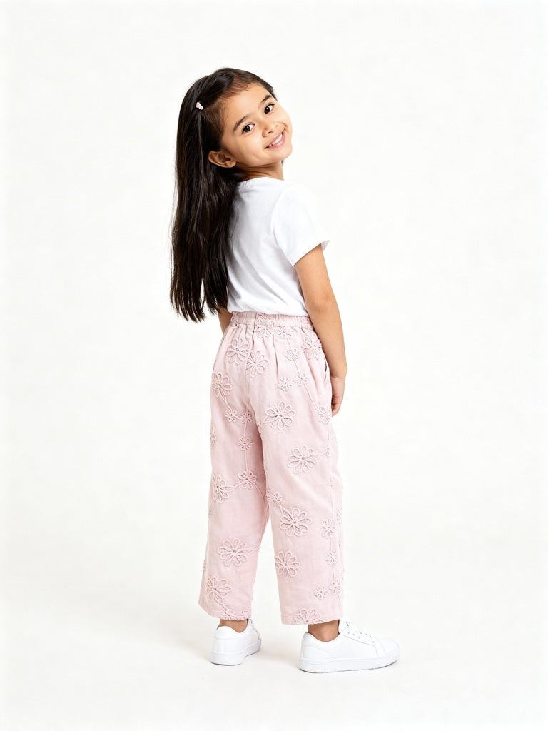 HOP Kids Pink Floral Embroidered High-Rise Cotton Trousers