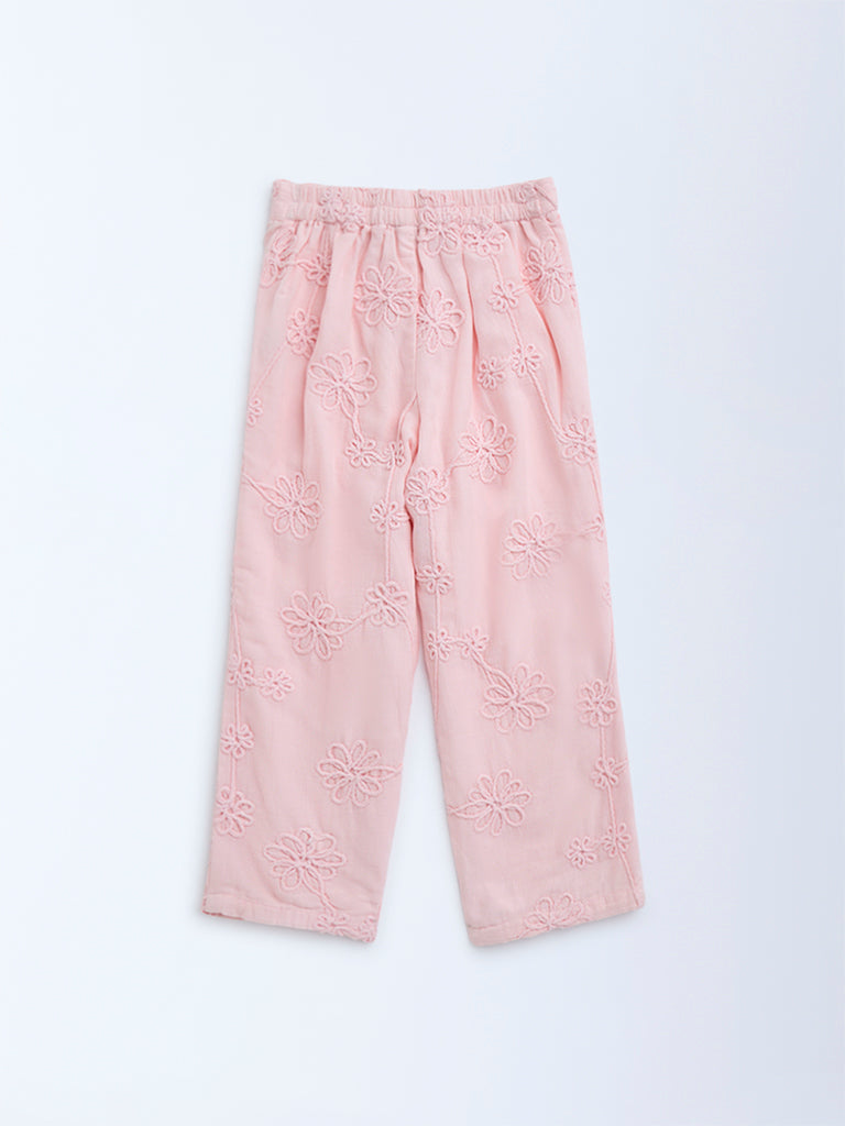 HOP Kids Pink Floral Embroidered High-Rise Cotton Trousers