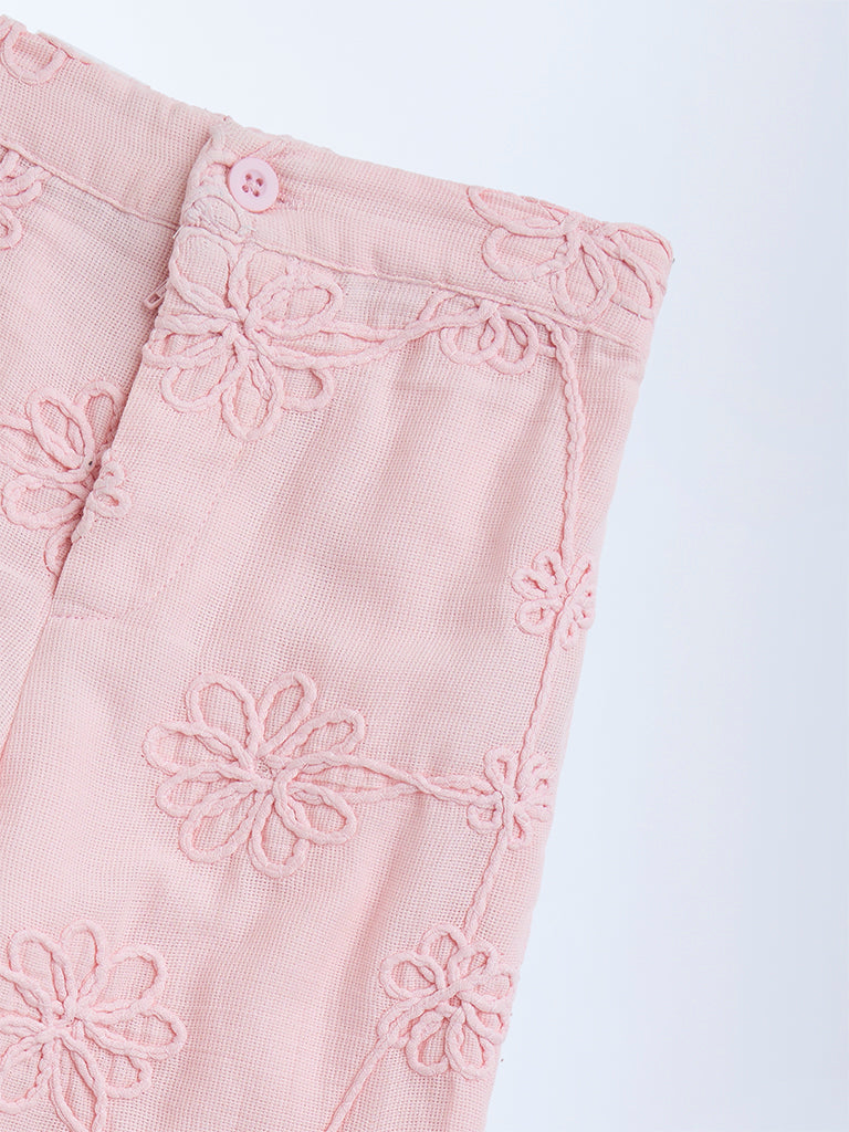 HOP Kids Pink Floral Embroidered High-Rise Cotton Trousers