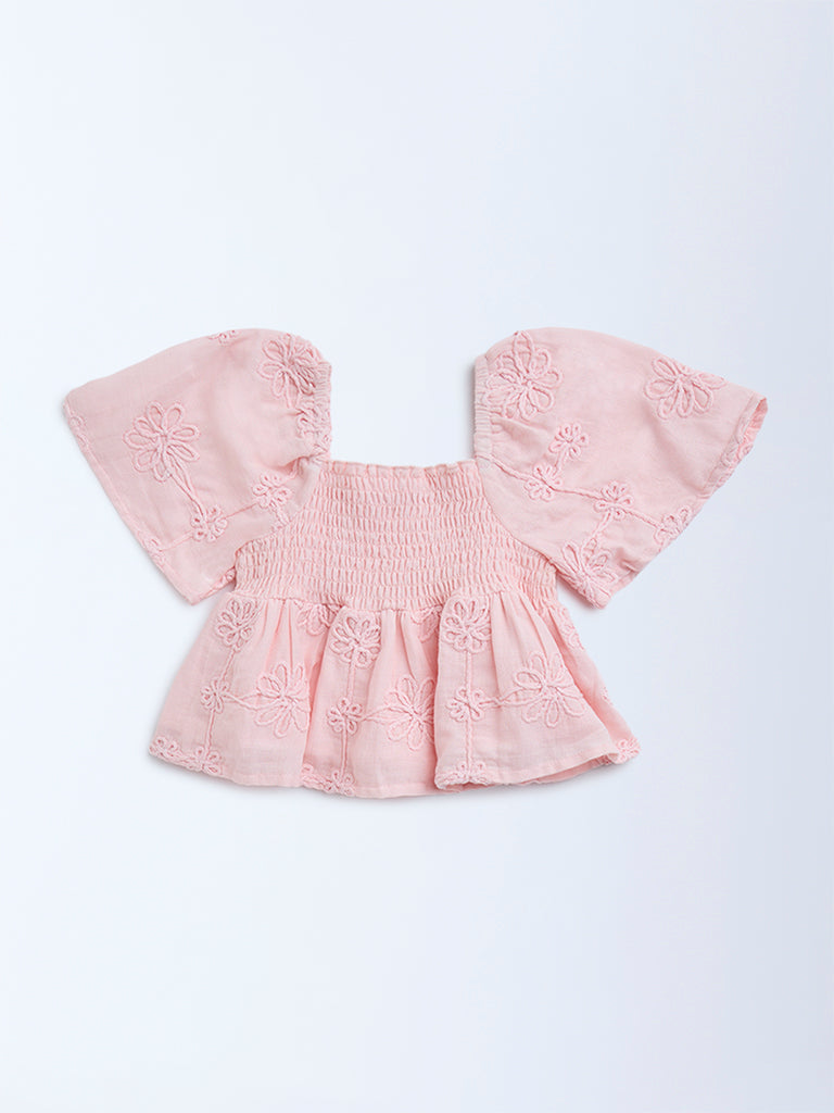 HOP Kids Pink Floral Embroidered Smocked Cotton Top