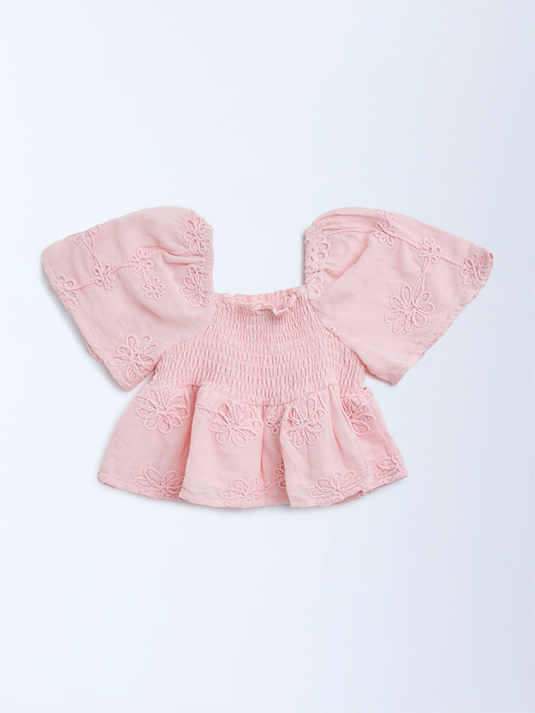HOP Kids Pink Floral Embroidered Smocked Cotton Top