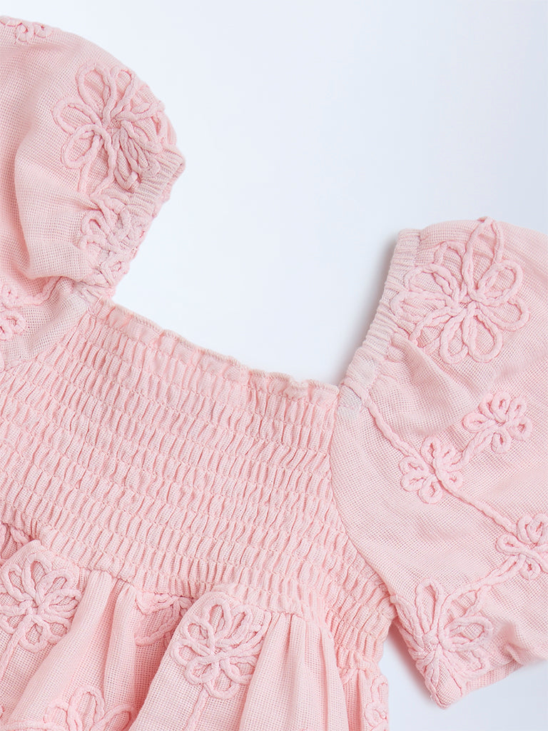 HOP Kids Pink Floral Embroidered Smocked Cotton Top