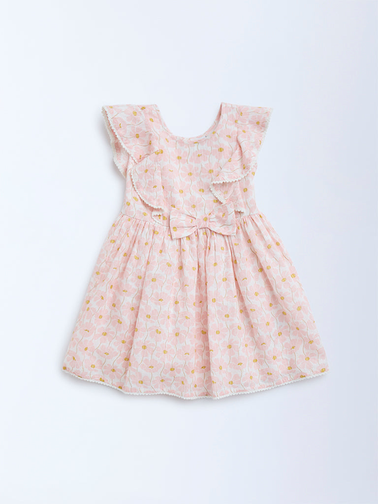 HOP Kids Kids Peach Floral Design A-Line Cotton-Blend Dress