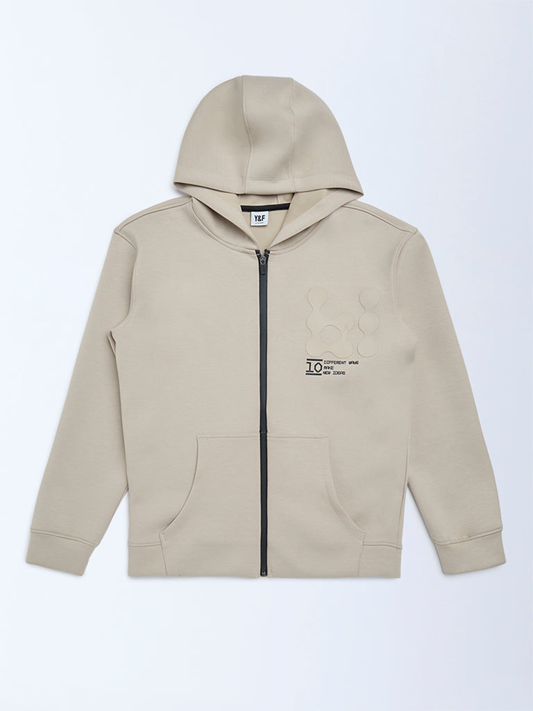 Y&F Kids Beige Typographic Hooded Jacket