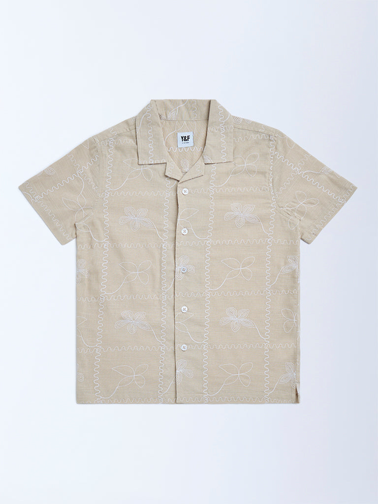Y&F Kids Beige Floral Embroidered Cotton Shirt