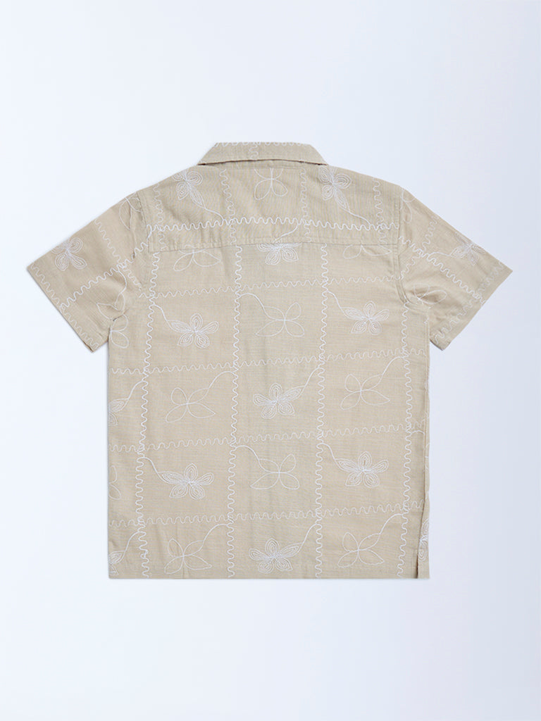 Y&F Kids Beige Floral Embroidered Cotton Shirt