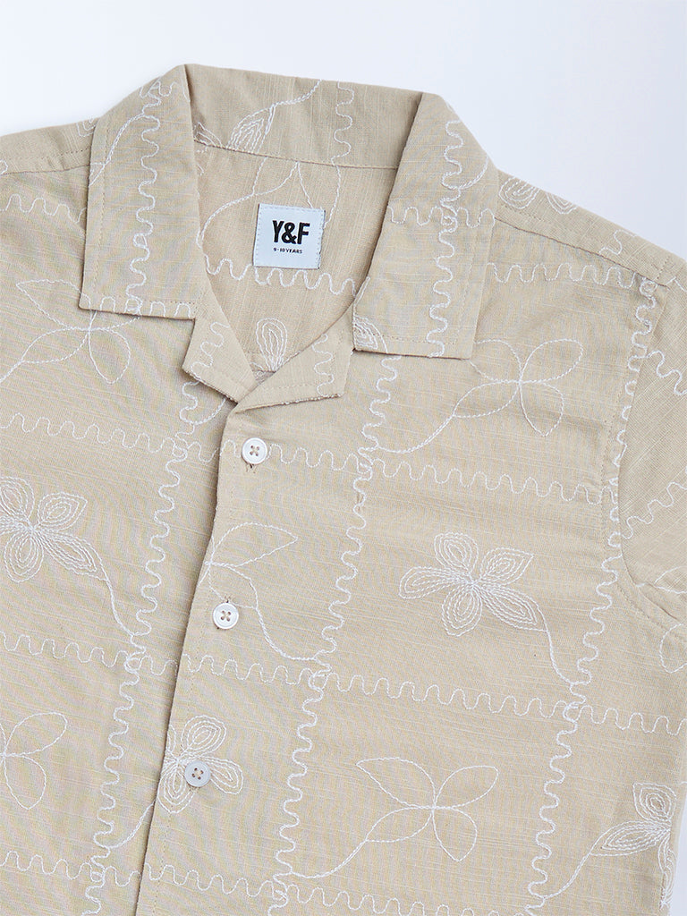 Y&F Kids Beige Floral Embroidered Cotton Shirt
