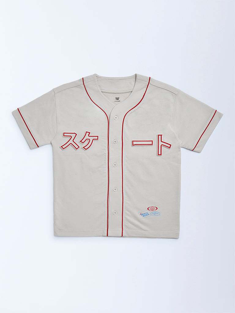 Y&F Kids Beige Text Printed Cotton Shirt