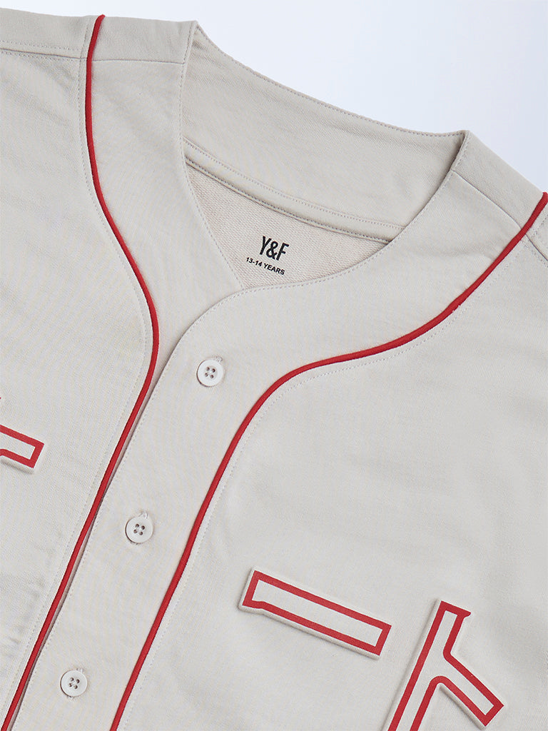 Y&F Kids Beige Text Printed Cotton Shirt
