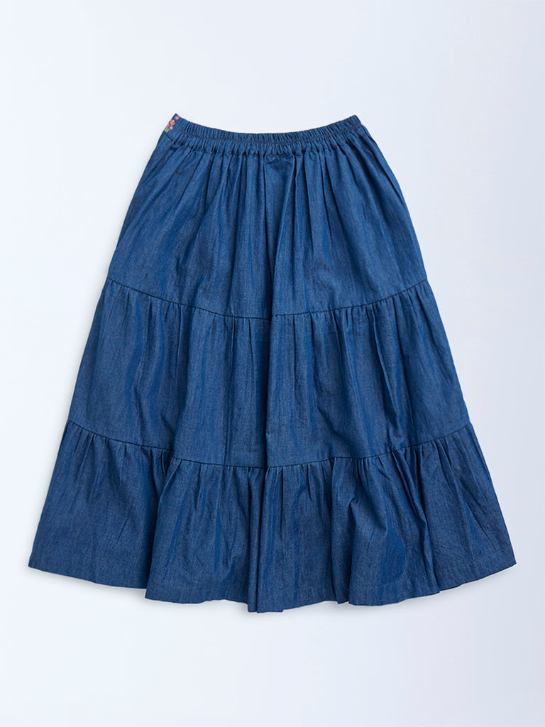 Utsa Kids Dark Blue Embroidered Tiered Denim Skirt - (8-14yrs)