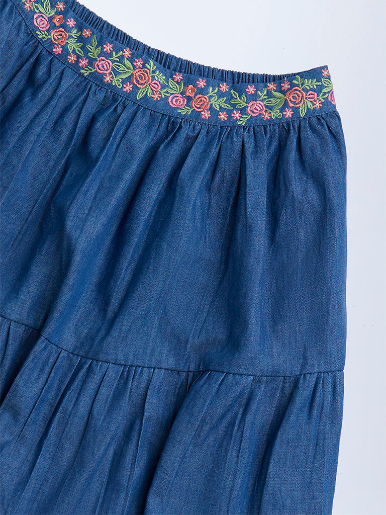 Utsa Kids Dark Blue Embroidered Tiered Denim Skirt - (8-14yrs)