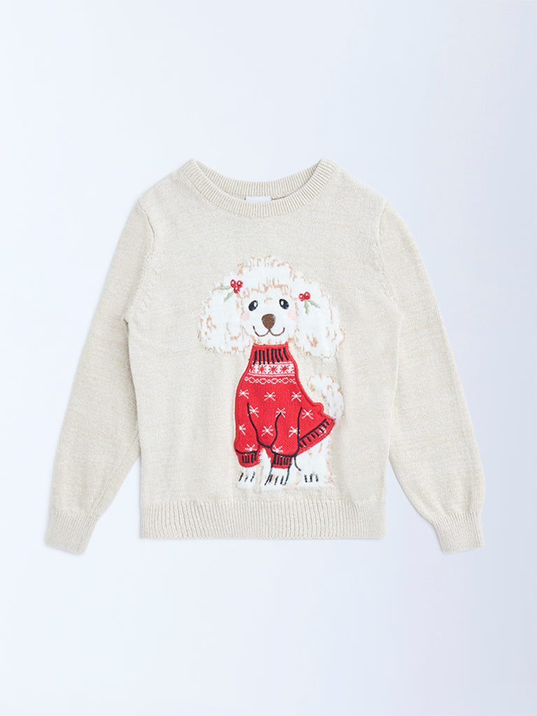 HOP Kids Beige Embroidered Cotton Sweater
