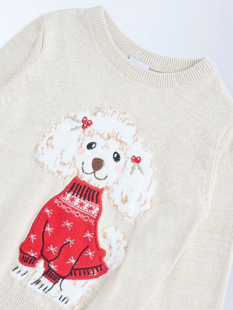 HOP Kids Beige Embroidered Cotton Sweater