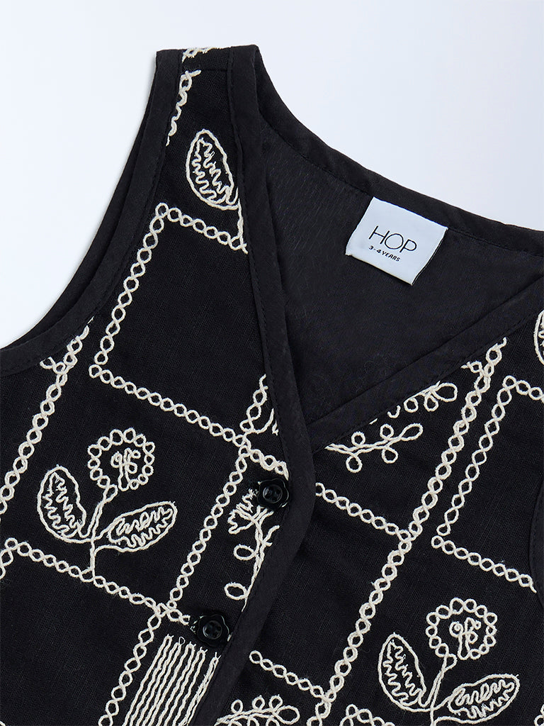 HOP Kids Black Floral Embroidered Cotton Vest Top