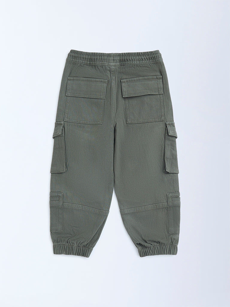 HOP Kids Olive Solid Mid-Rise Cotton-Blend Joggers