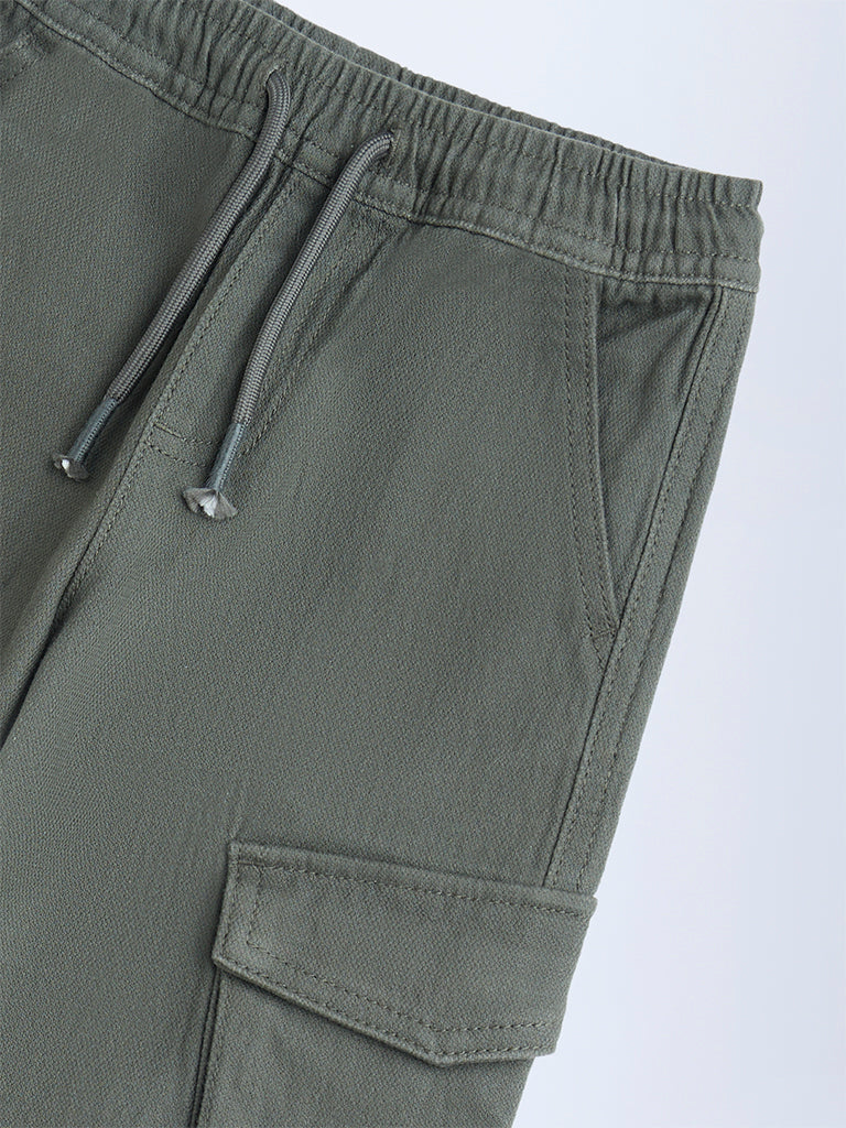 HOP Kids Olive Solid Mid-Rise Cotton-Blend Joggers