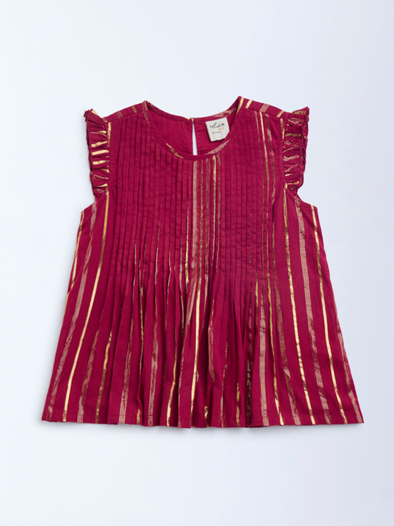 Utsa Kids Red Striped Cotton-Blend Ethnic Top - (8-14yrs)
