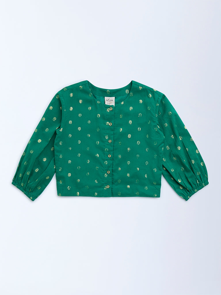 Utsa Kids Green Badla Pattern Cotton-Blend Ethnic Top - (8-14yrs)