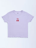 Y&F Kids Lilac Cherry Design Ribbed Cotton-Blend T-Shirt