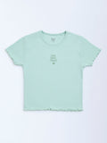 Y&F Kids Mint Text Design Ribbed Cotton-Blend T-Shirt