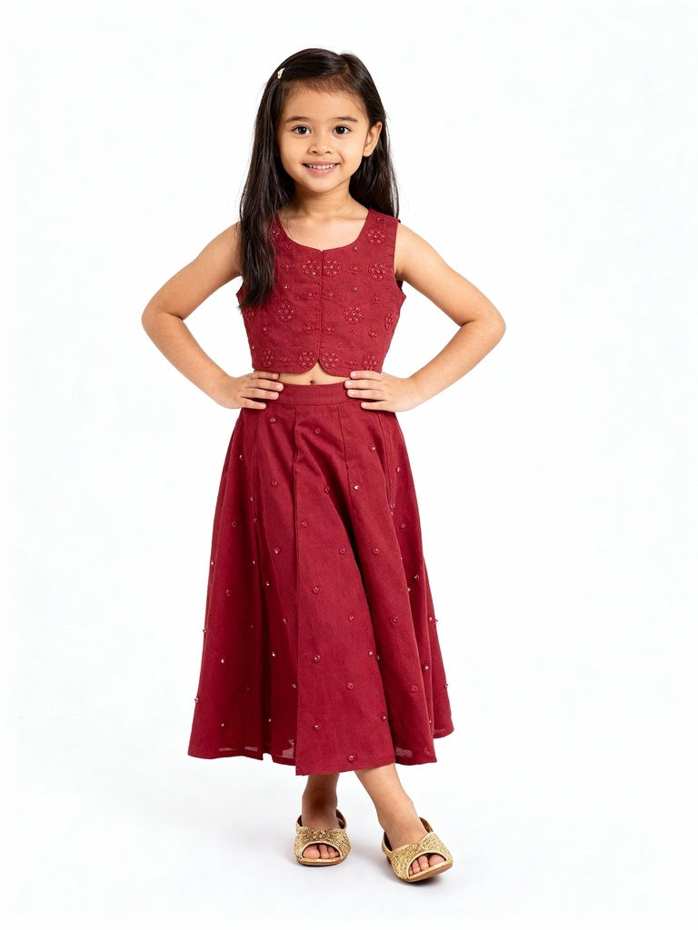 Utsa Kids Red Mirror Embroidered Cotton Waistcoat - (2-8yrs)