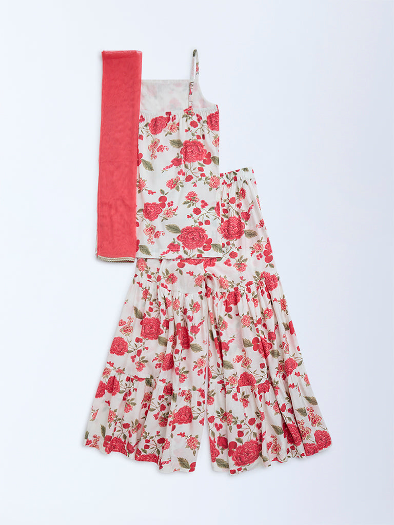 Utsa Kids Off-White Floral Design Straight Ethnic Set - (8-14yrs)