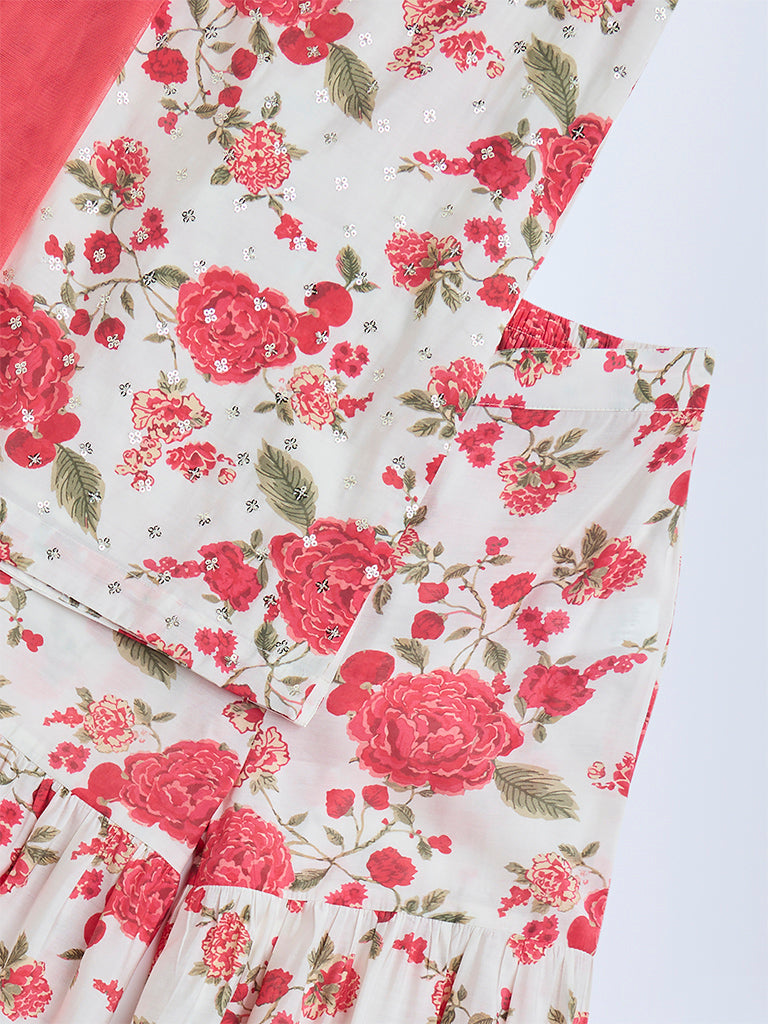 Utsa Kids Off-White Floral Design Straight Ethnic Set - (8-14yrs)