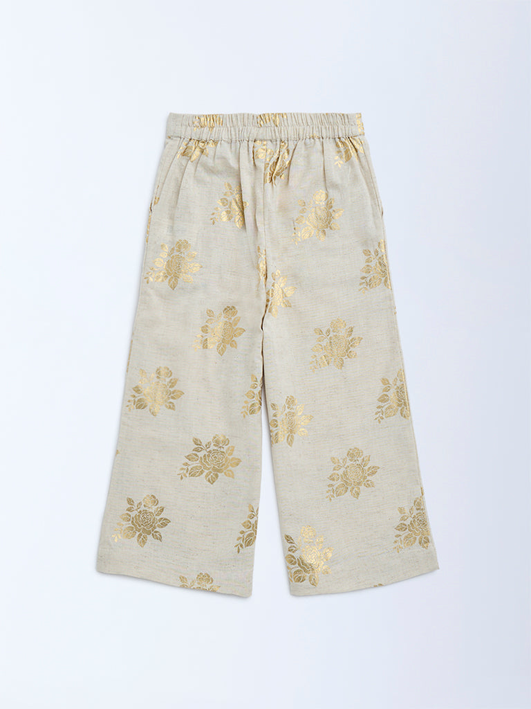 Utsa Kids Beige Floral Detailed Cotton-Blend Ethnic Pants - (2-8yrs)