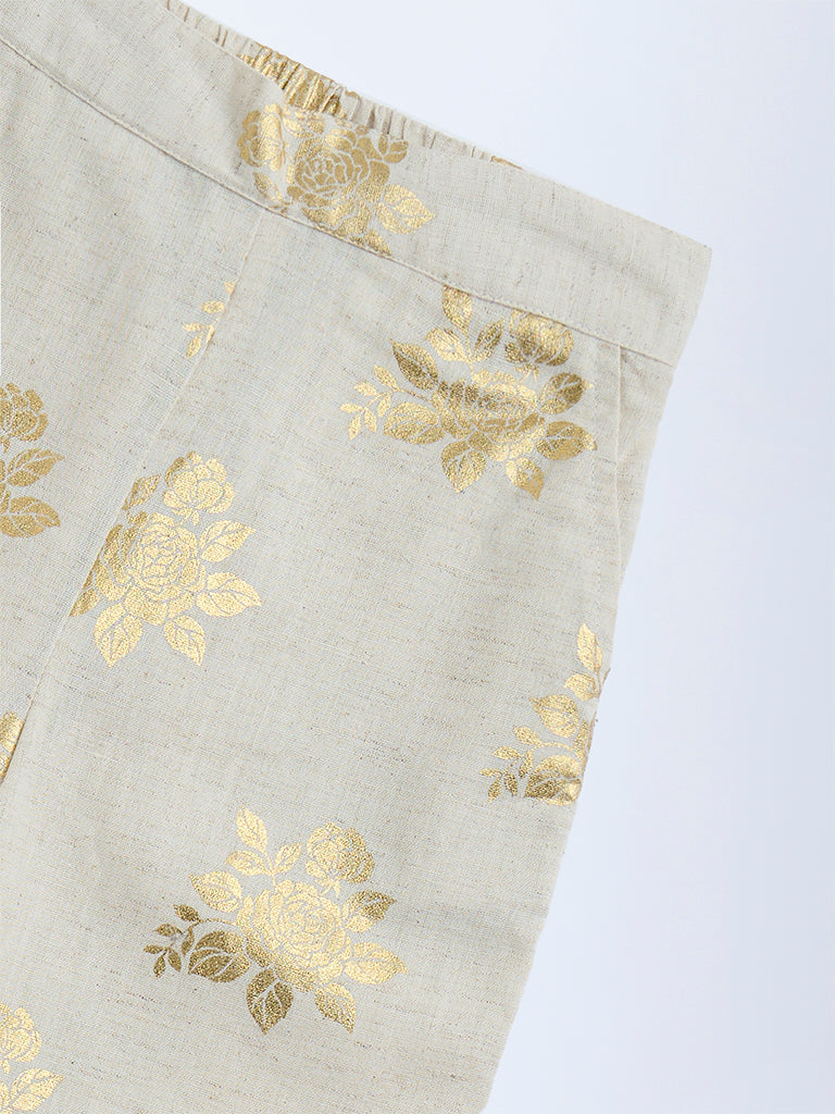 Utsa Kids Beige Floral Detailed Cotton-Blend Ethnic Pants - (2-8yrs)
