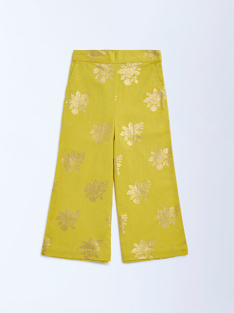 Utsa Kids Lime Floral Pattern Cotton-Blend Ethnic Pants - (2-8yrs)