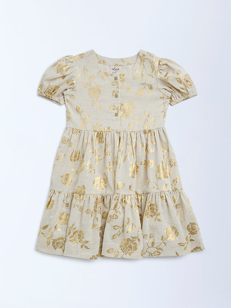 Utsa Kids Beige Floral Design Tiered Cotton-Blend Dress - (2-8yrs)