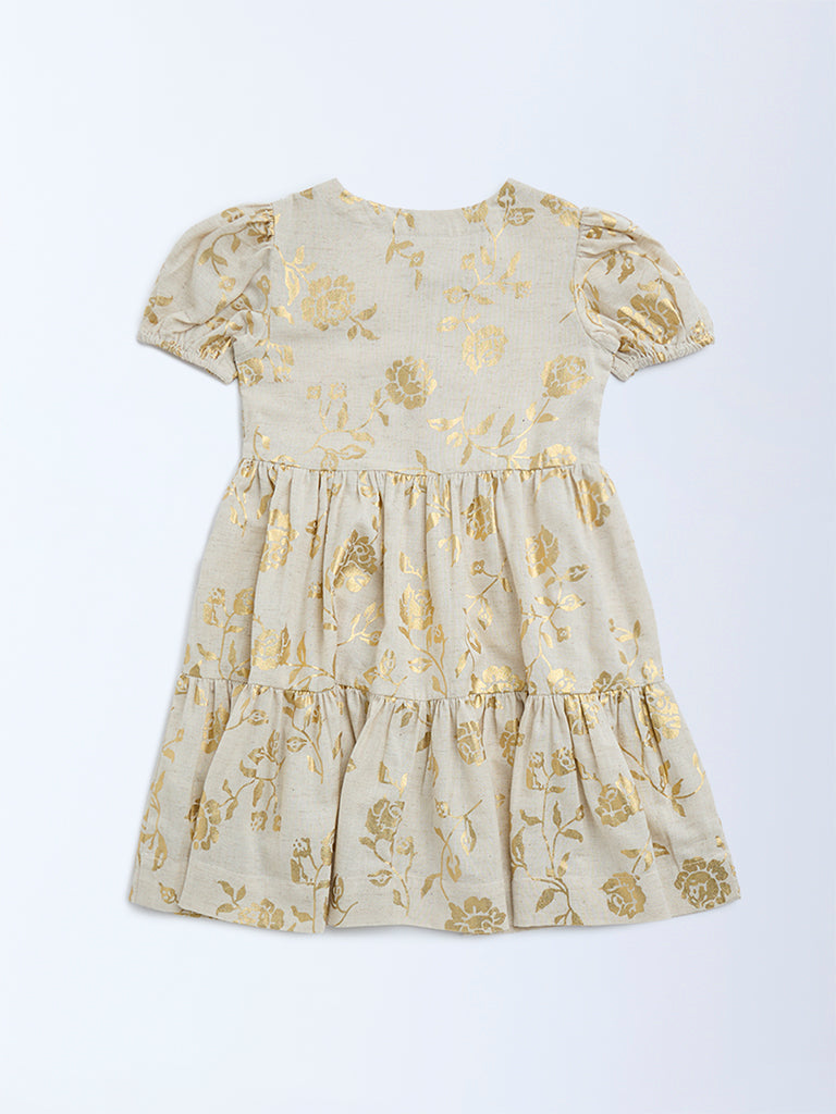 Utsa Kids Beige Floral Design Tiered Cotton-Blend Dress - (2-8yrs)