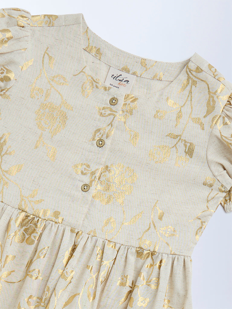 Utsa Kids Beige Floral Design Tiered Cotton-Blend Dress - (2-8yrs)