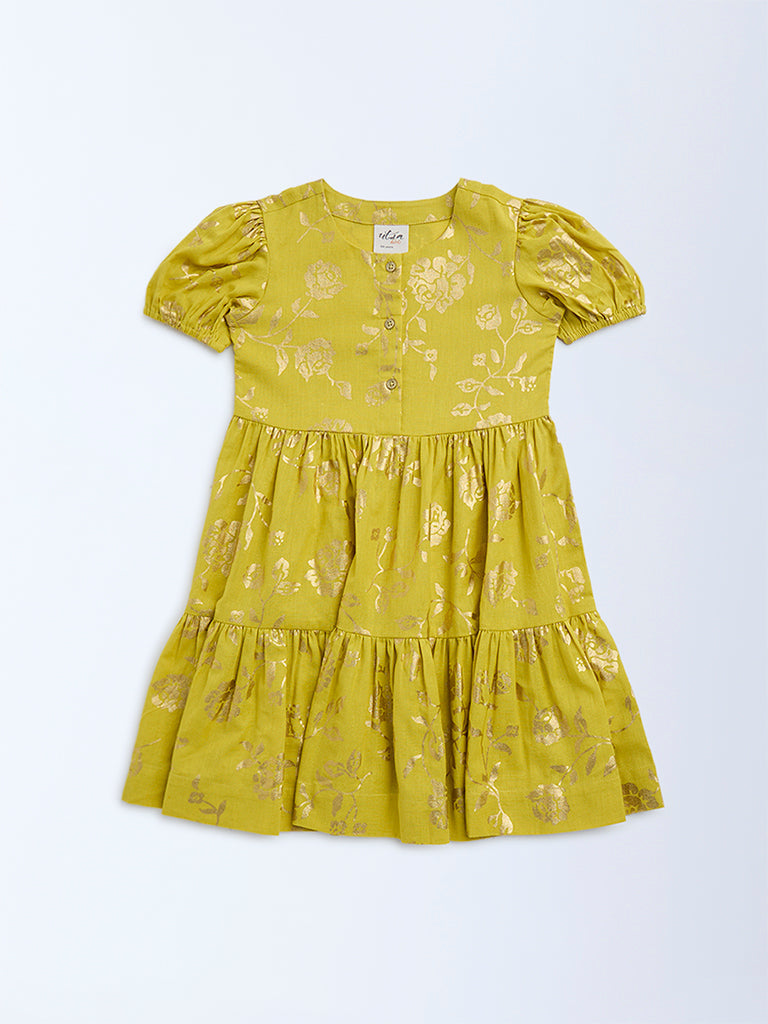 Utsa Kids Lime Floral Pattern Tiered Cotton-Blend Dress - (2-8yrs)