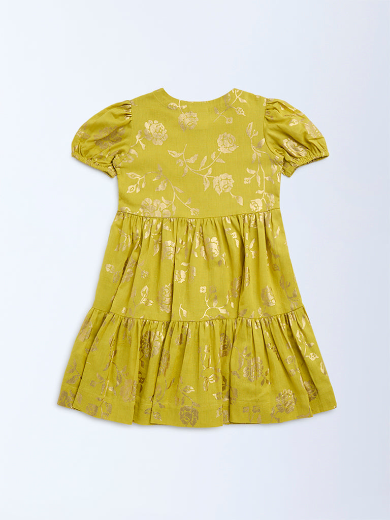 Utsa Kids Lime Floral Pattern Tiered Cotton-Blend Dress - (2-8yrs)