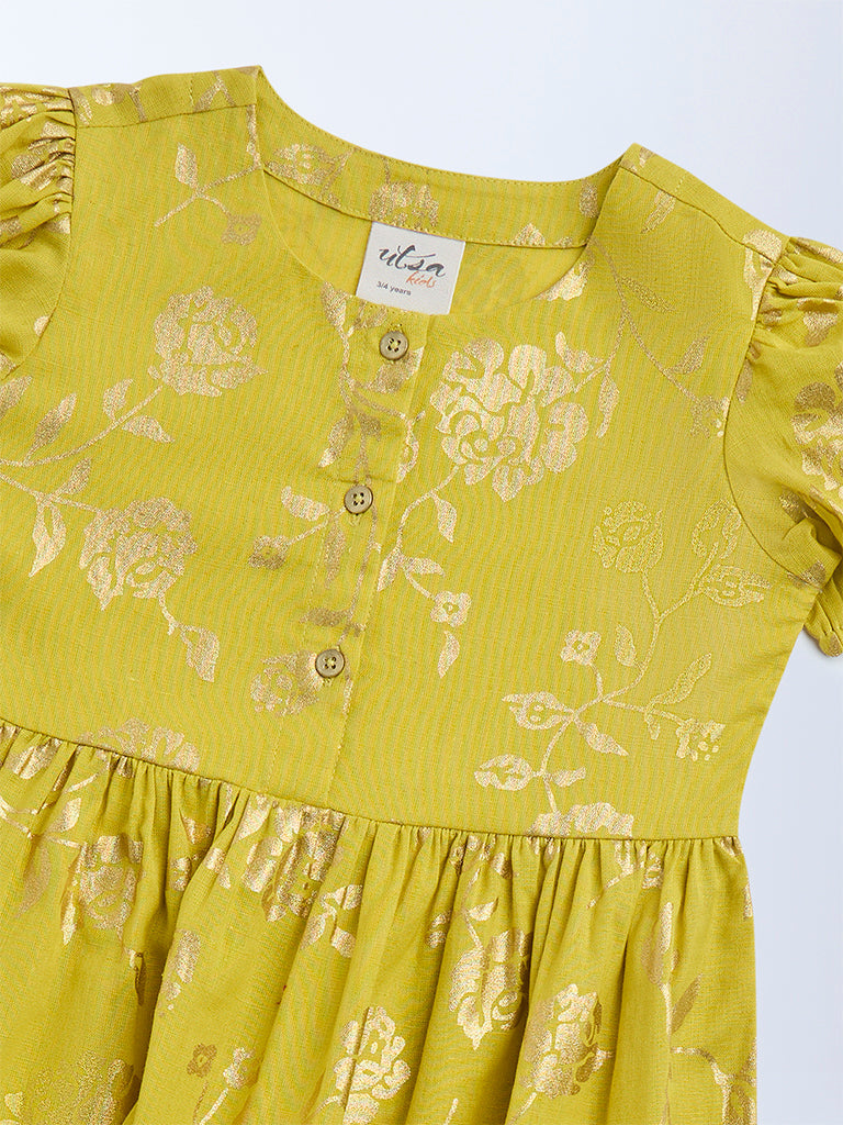 Utsa Kids Lime Floral Pattern Tiered Cotton-Blend Dress - (2-8yrs)
