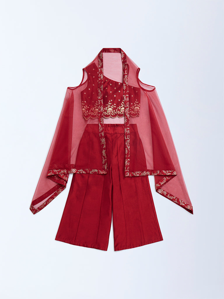 Utsa Kids Red Floral Embroidered Ethnic Set - (2-8yrs)