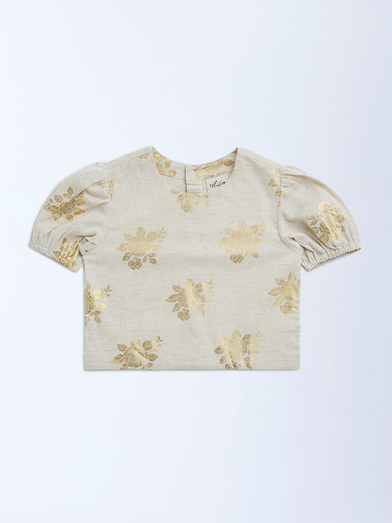 Utsa Kids Beige Floral Design Cotton-Blend Ethnic Top - (2-8yrs)