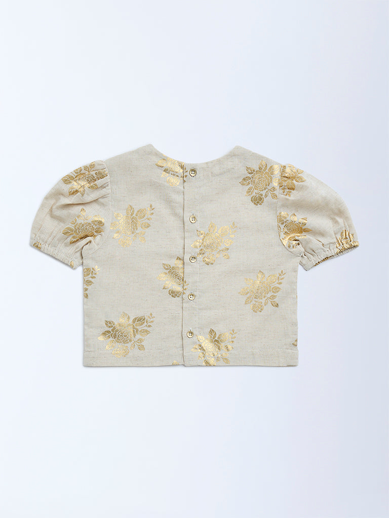 Utsa Kids Beige Floral Design Cotton-Blend Ethnic Top - (2-8yrs)