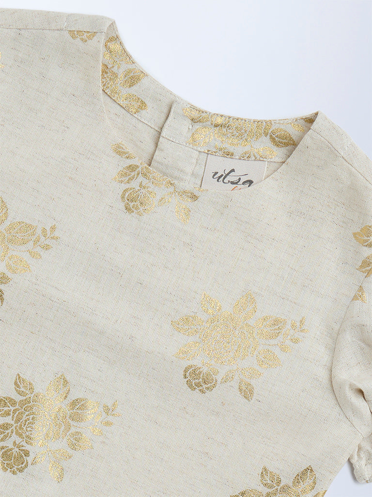 Utsa Kids Beige Floral Design Cotton-Blend Ethnic Top - (2-8yrs)