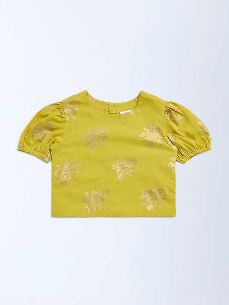 Utsa Kids Lime Floral Pattern Cotton-Blend Ethnic Top - (2-8yrs)
