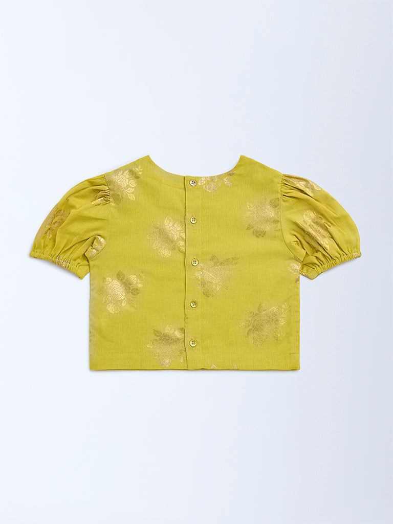 Utsa Kids Lime Floral Pattern Cotton-Blend Ethnic Top - (2-8yrs)