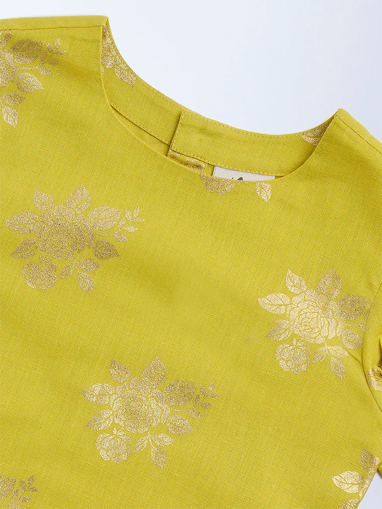 Utsa Kids Lime Floral Pattern Cotton-Blend Ethnic Top - (2-8yrs)