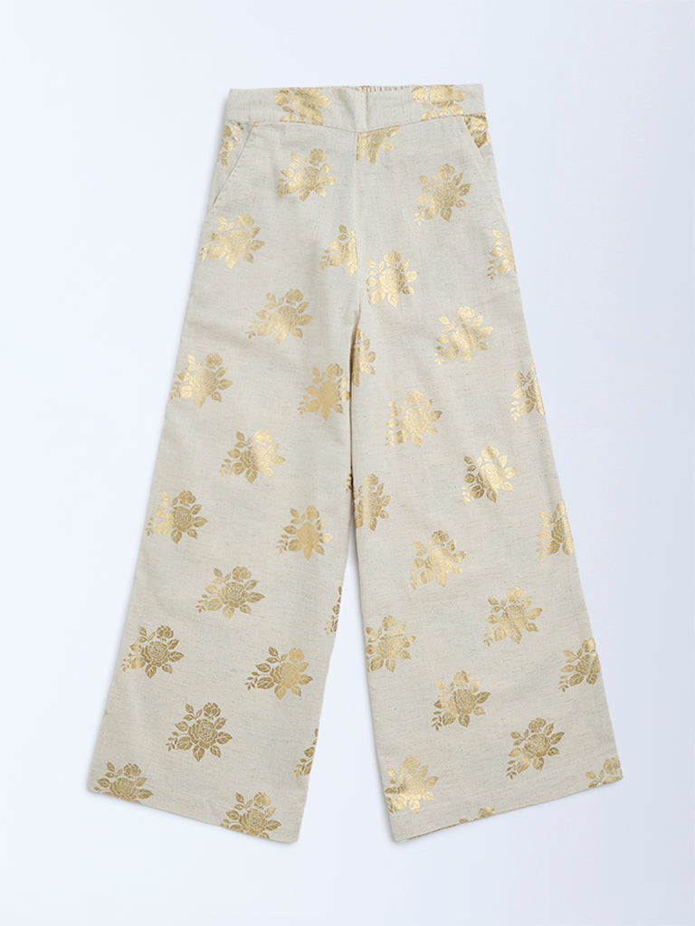 Utsa Kids Beige Floral Detailed Cotton-Blend Ethnic Pants - (8-14yrs)