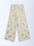 Utsa Kids Beige Floral Detailed Cotton-Blend Ethnic Pants - (8-14yrs)
