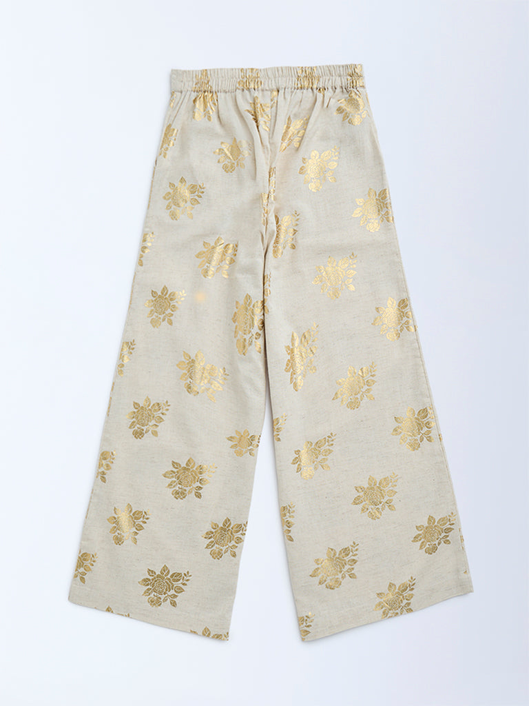 Utsa Kids Beige Floral Detailed Cotton-Blend Ethnic Pants - (8-14yrs)