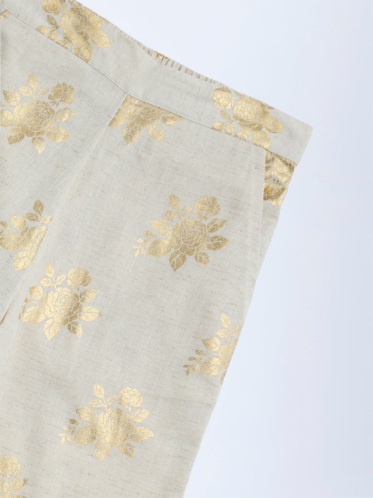 Utsa Kids Beige Floral Detailed Cotton-Blend Ethnic Pants - (8-14yrs)