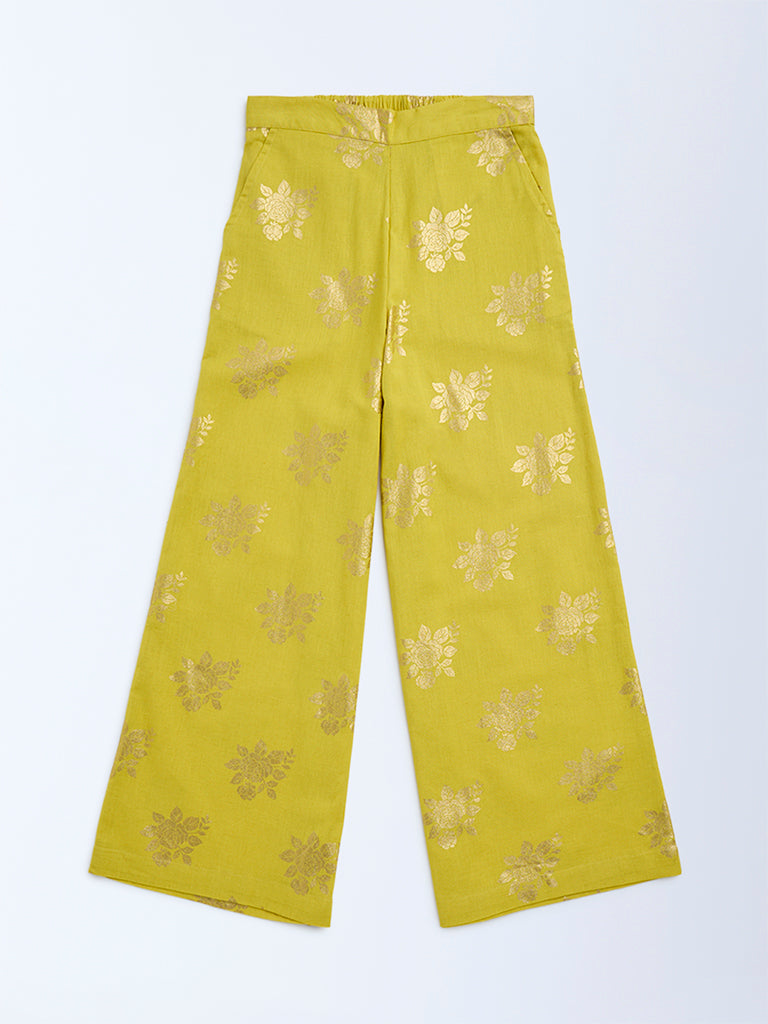 Utsa Kids Lime Floral Pattern Cotton-Blend Ethnic Pants - (8-14yrs)