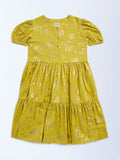 Utsa Kids Lime Floral Pattern Tiered Cotton-Blend Dress - (8-14yrs)